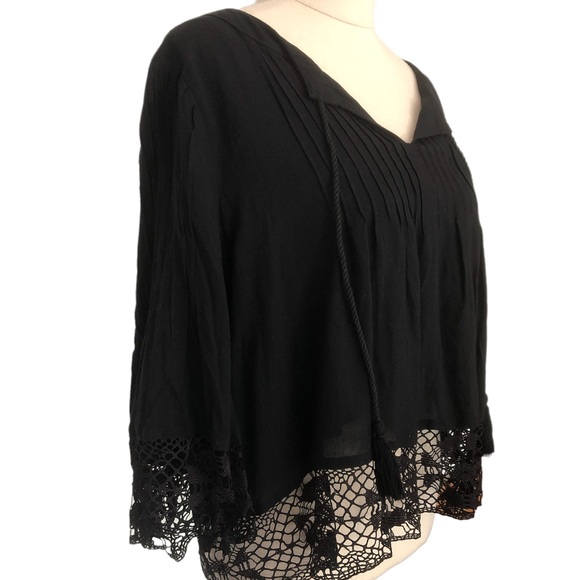 Living Doll Sz M Black Viscose Top with Lace Trim Flowy pleating Boho - Picture 2 of 8